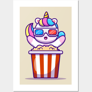 Cute Unicorn Eating Popcorn Posters and Art